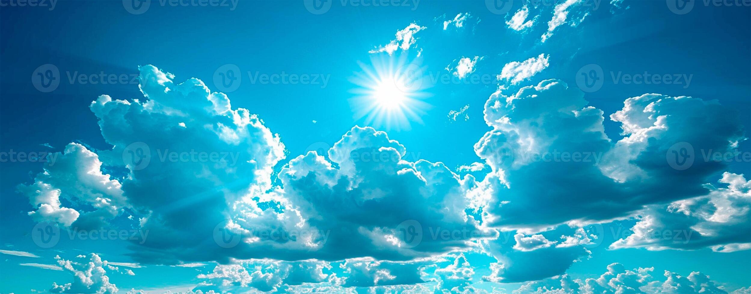 AI generated Blue sky with bright sun as abstract panoramic background - AI generated image photo