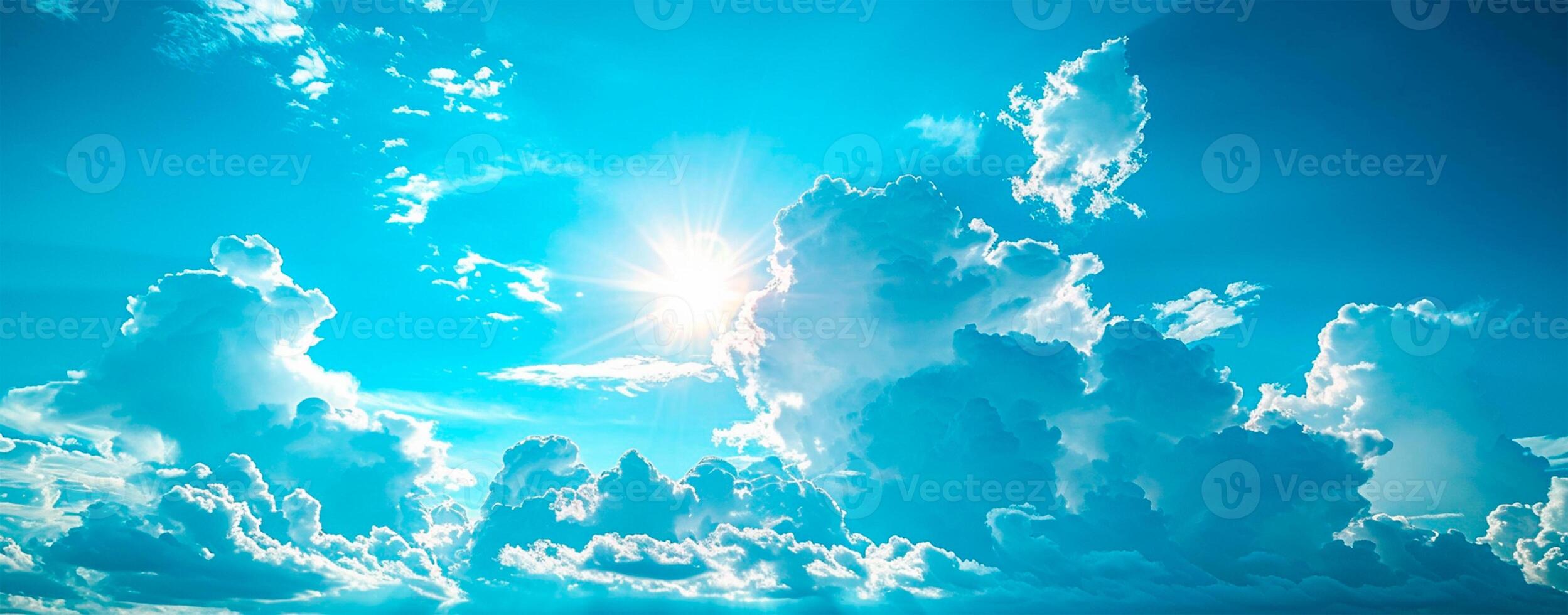 AI generated Blue sky with bright sun as abstract panoramic background - AI generated image photo