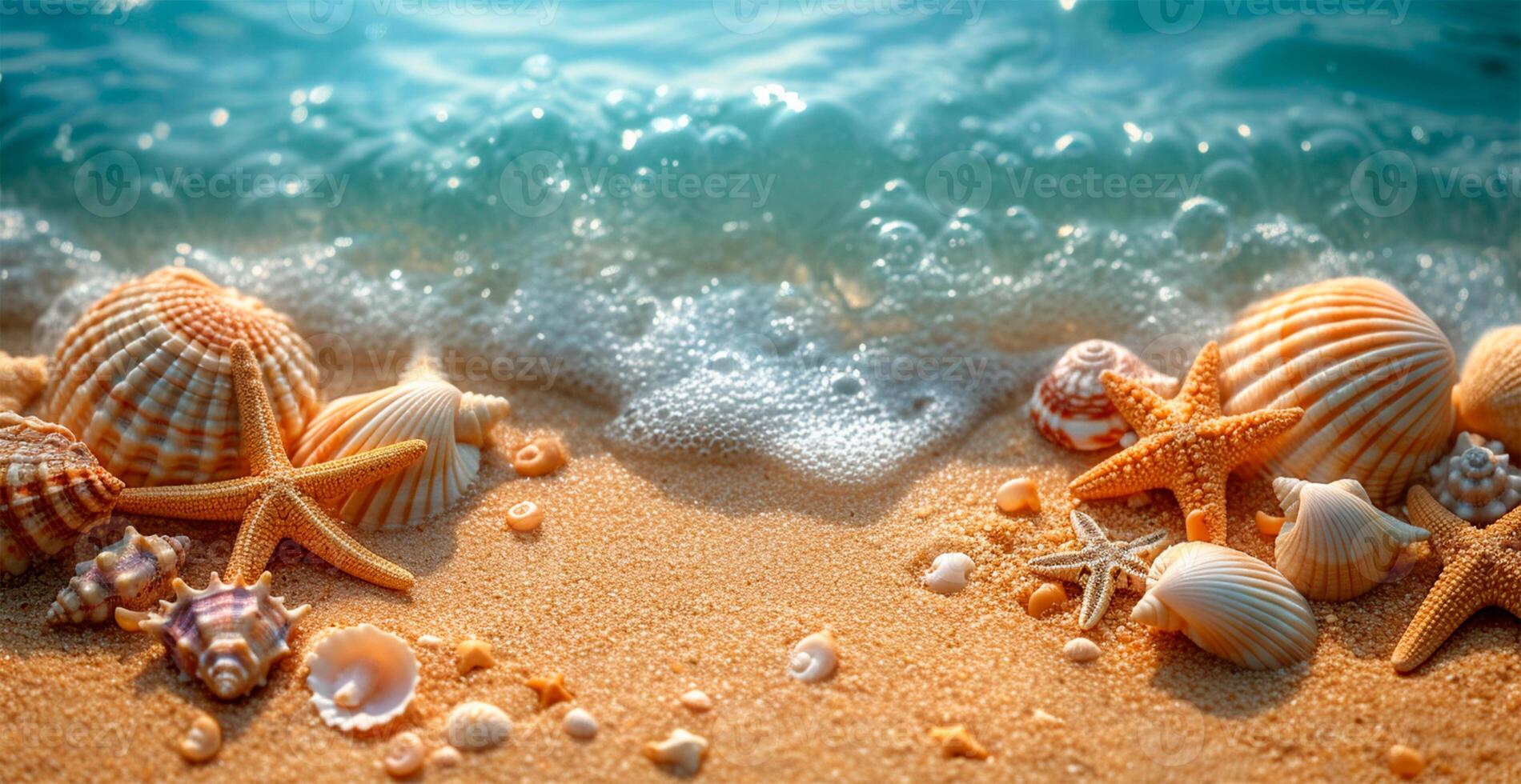 AI generated Sea, ocean landscape, many different shells, starfish and ocean inhabitants - AI generated image photo