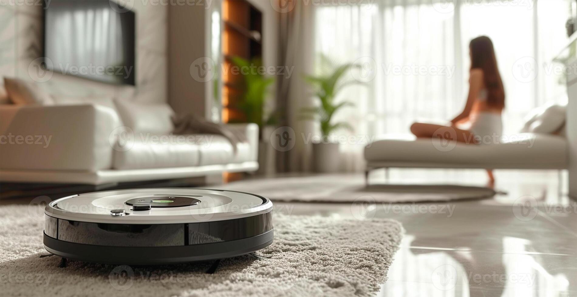 AI generated A robot vacuum cleaner does dry and wet cleaning of the house, modern technologies - AI generated image photo