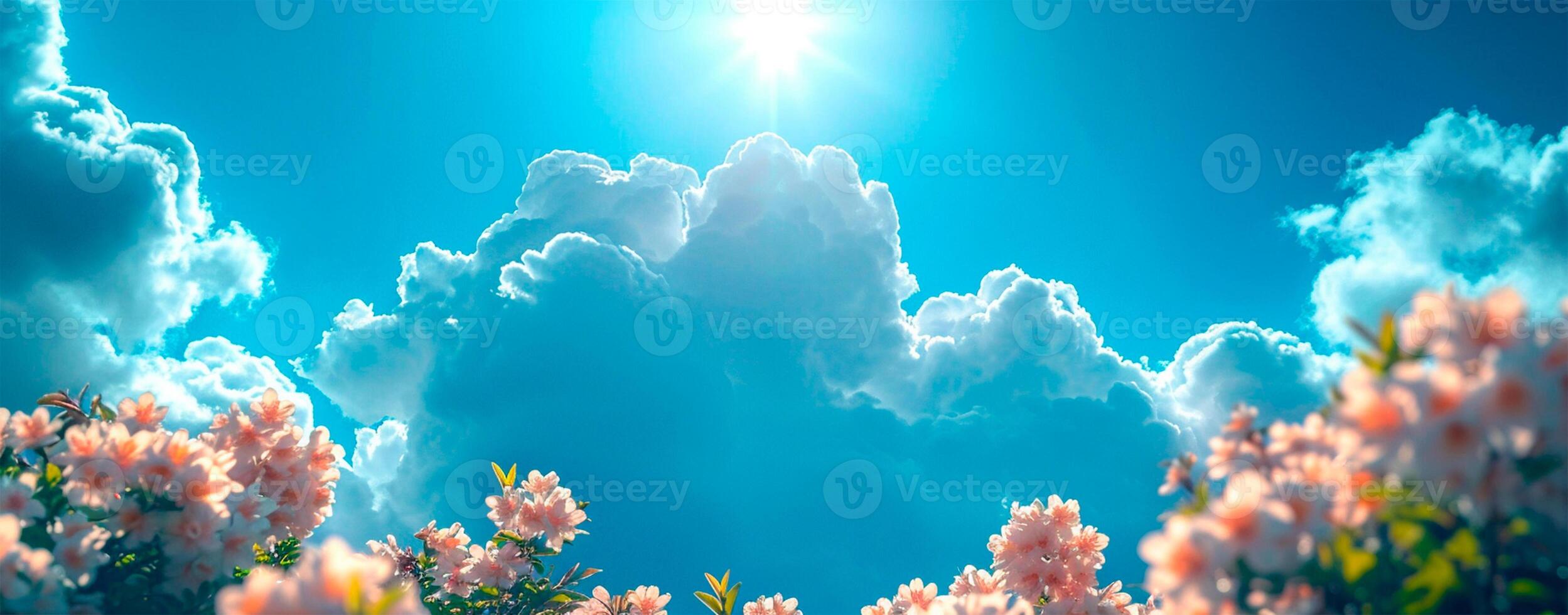 AI generated Blue sky with bright sun as abstract panoramic background - AI generated image photo