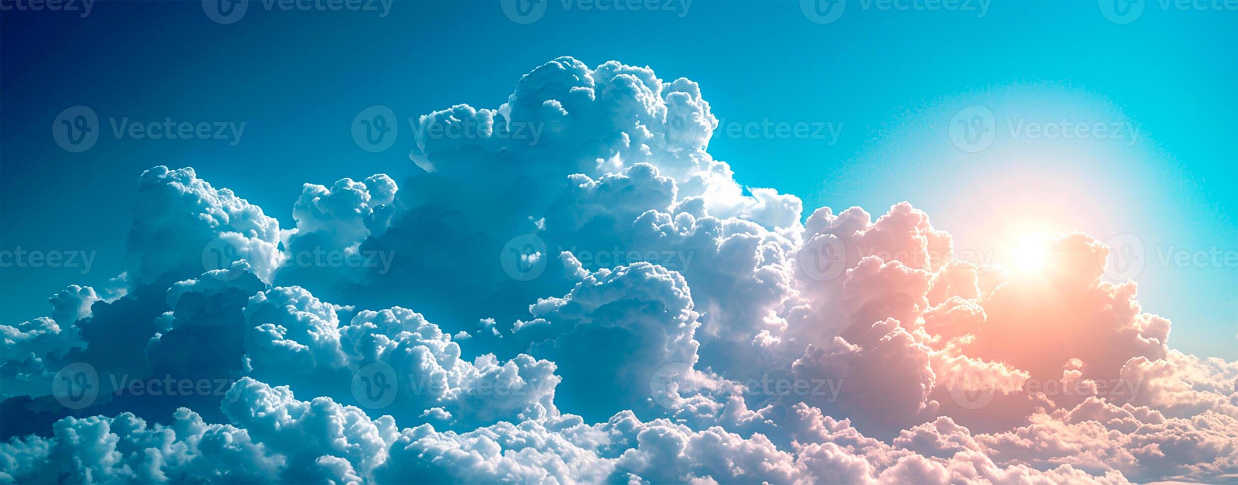 AI generated Blue sky with bright sun as abstract panoramic background - AI generated image photo