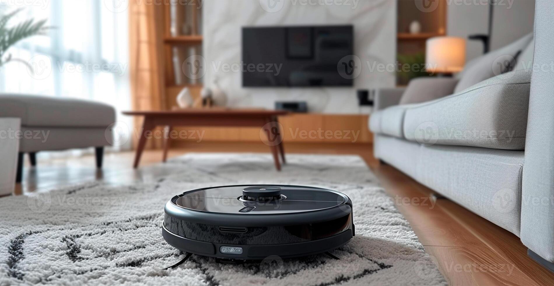 AI generated A robot vacuum cleaner does dry and wet cleaning of the house, modern technologies - AI generated image photo