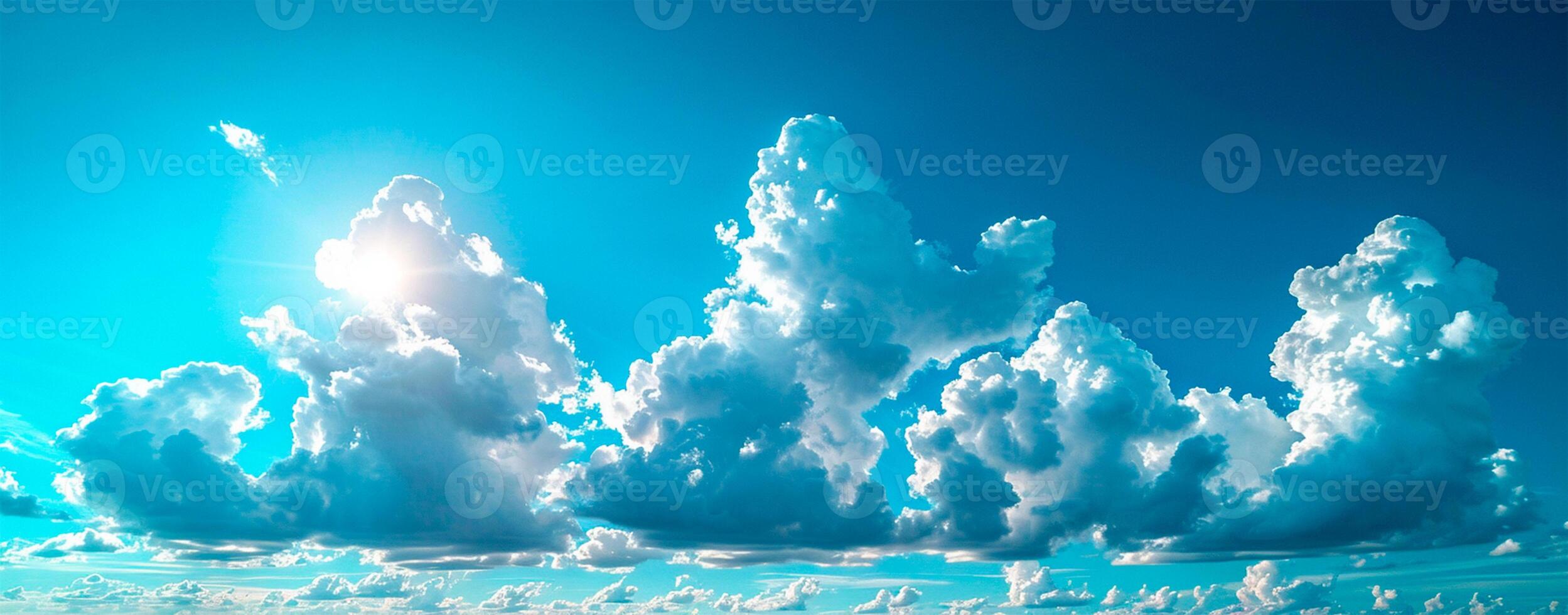 AI generated Blue sky with bright sun as abstract panoramic background - AI generated image photo
