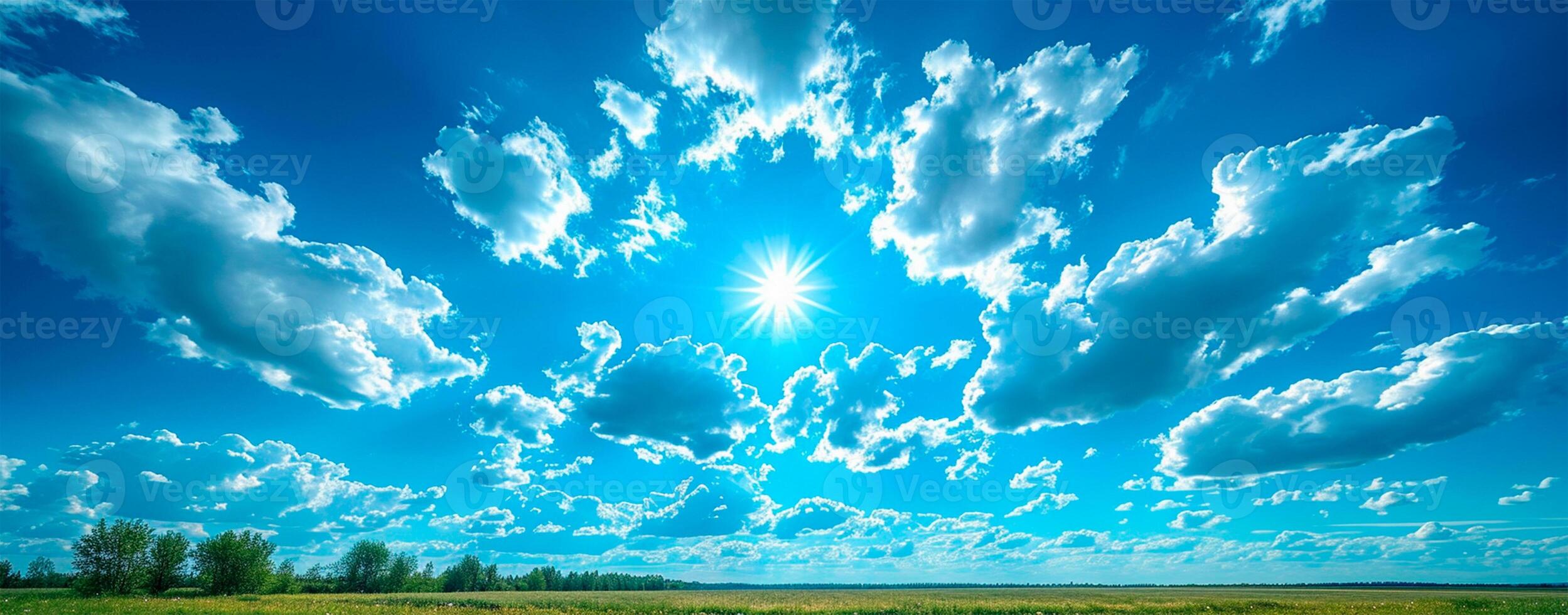 AI generated Blue sky with bright sun as abstract panoramic background - AI generated image photo