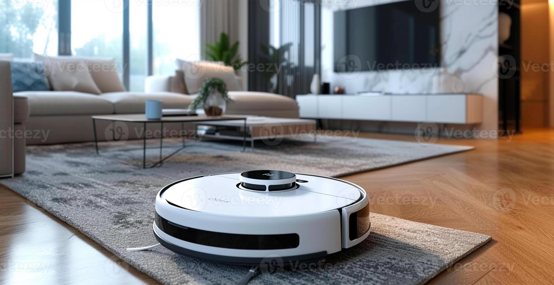 AI generated A robot vacuum cleaner does dry and wet cleaning of the house, modern technologies - AI generated image photo