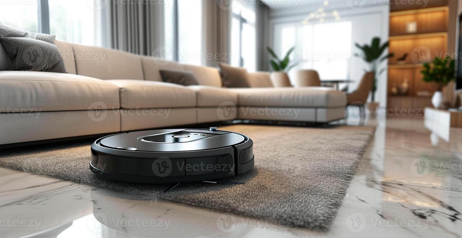 AI generated A robot vacuum cleaner does dry and wet cleaning of the house, modern technologies - AI generated image photo