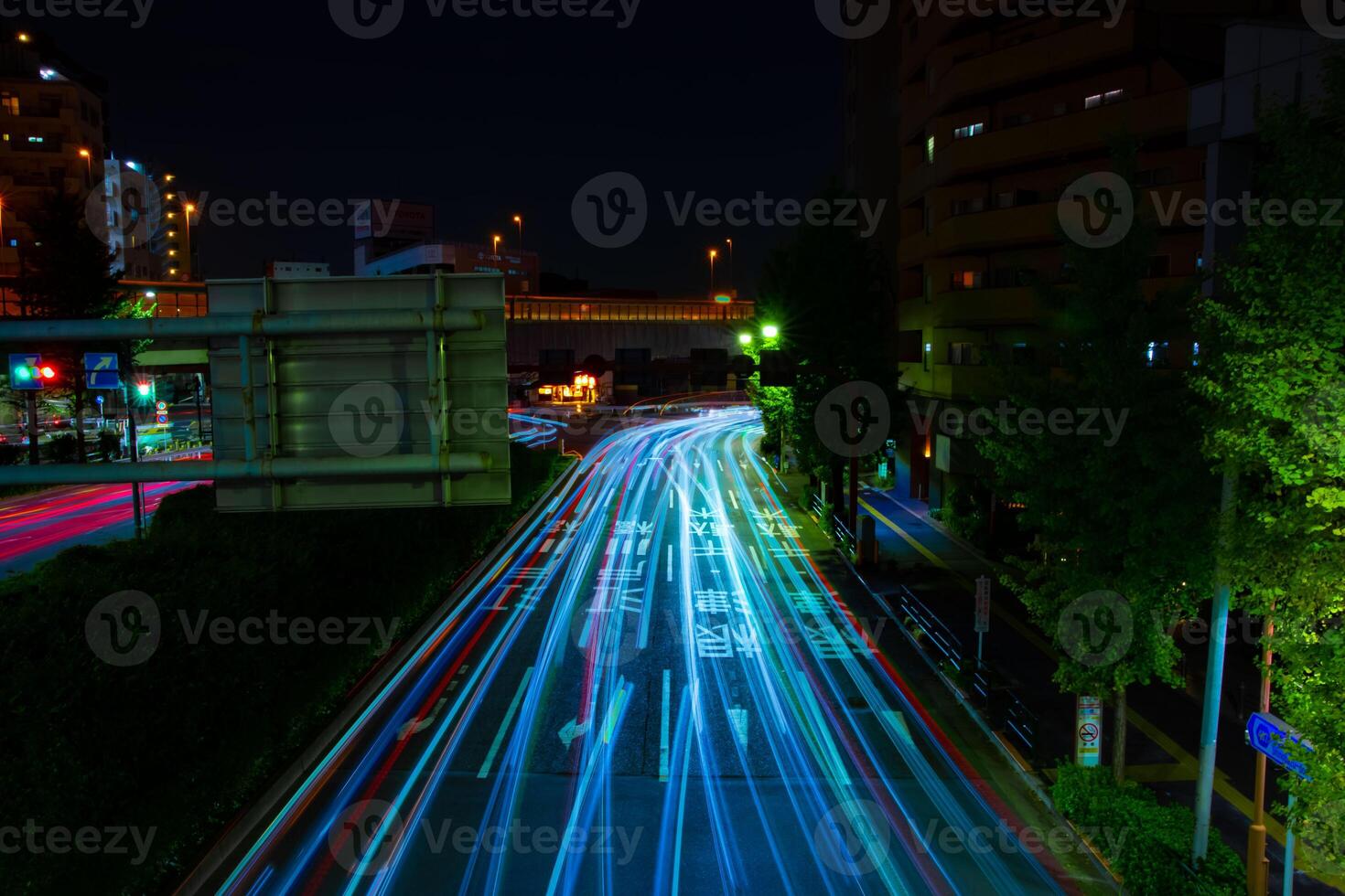 A night traffic jam at the downtown street in Tokyo wide shot photo