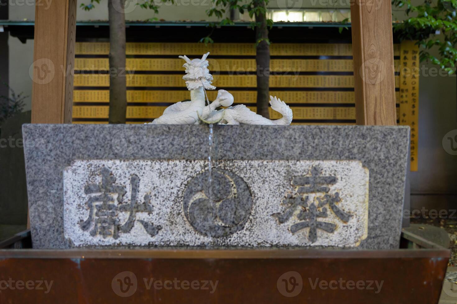 A statue of dragon at purification fountain in Japanese Shrine photo