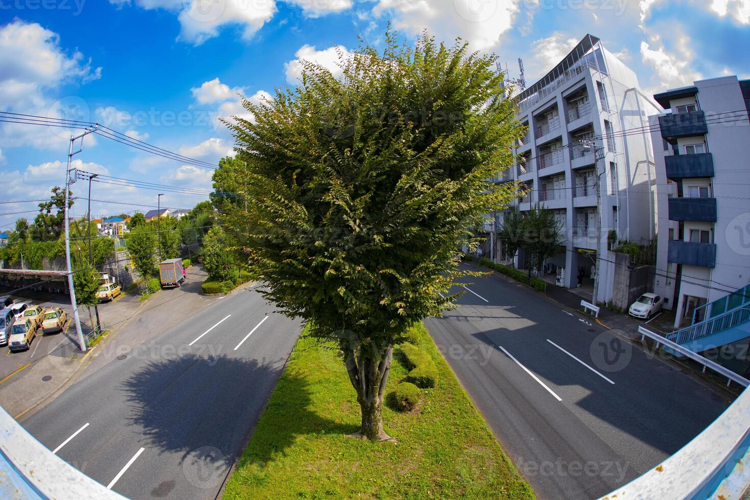 A empty urban street in Tokyo fish eye shot photo