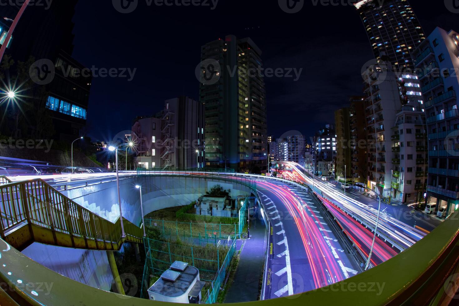 A night traffic jam at Yamate avenue in Tokyo fish-eye shot photo