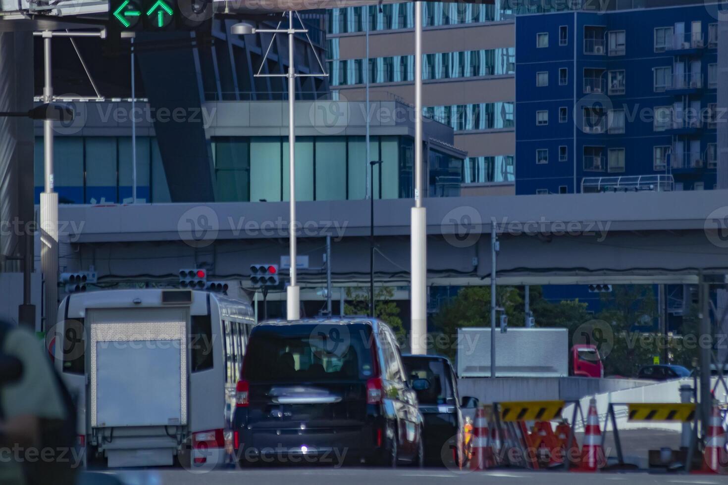 A traffic jam of the city crossing at the business town in Tokyo long shot photo