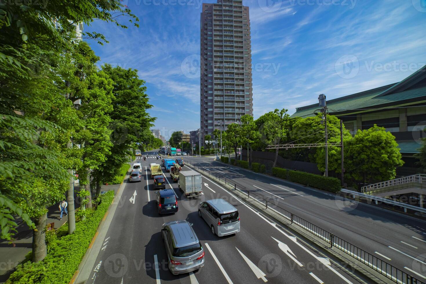 A traffic jam at the urban street in Tokyo wide shot photo