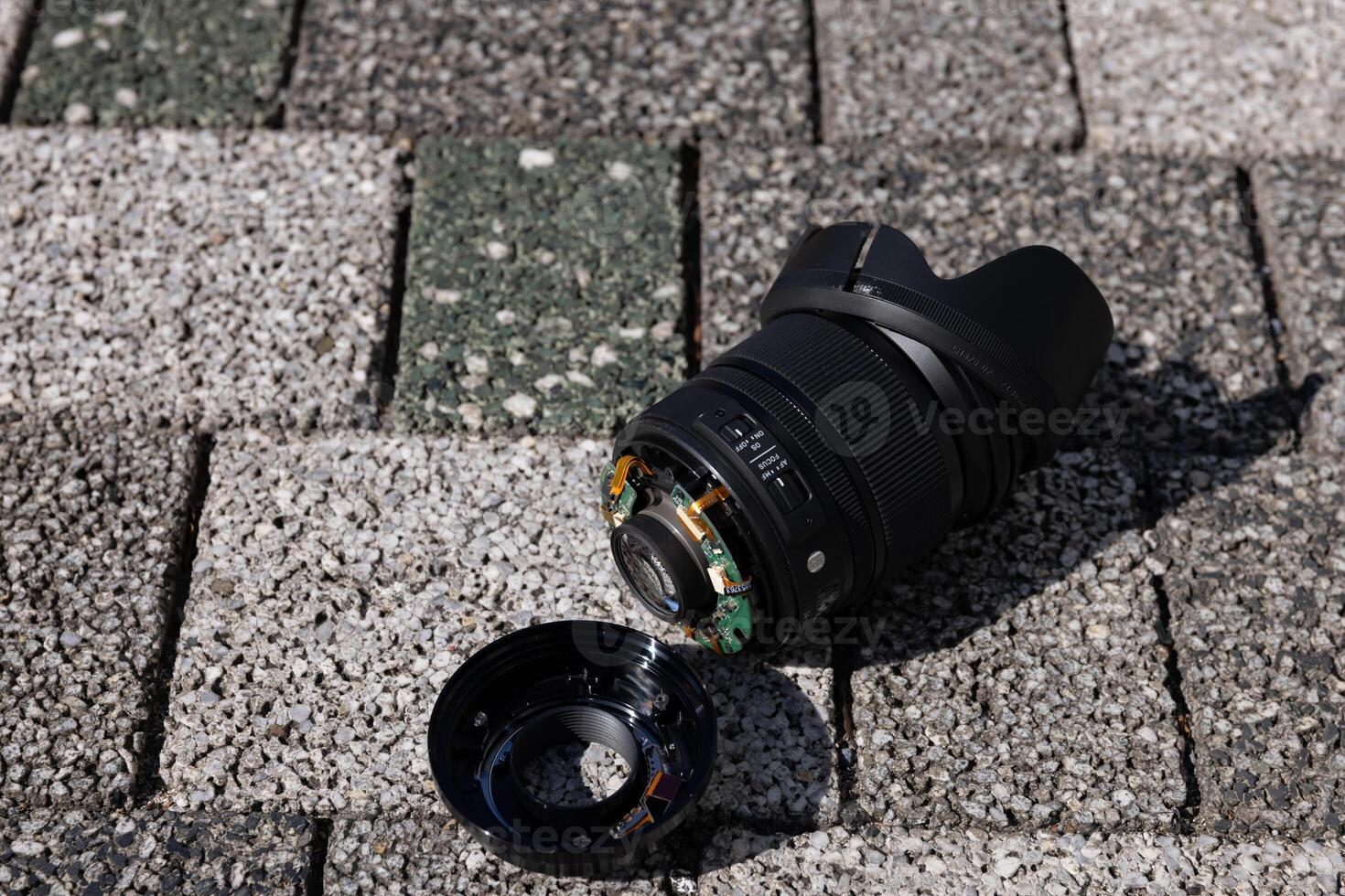 A broken lens on the street sunny day handheld photo