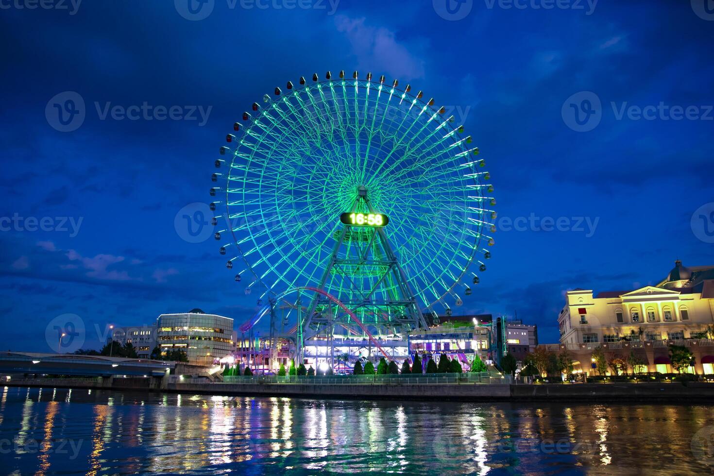 A night illuminated ferris wheel in Yokohama wide shot photo
