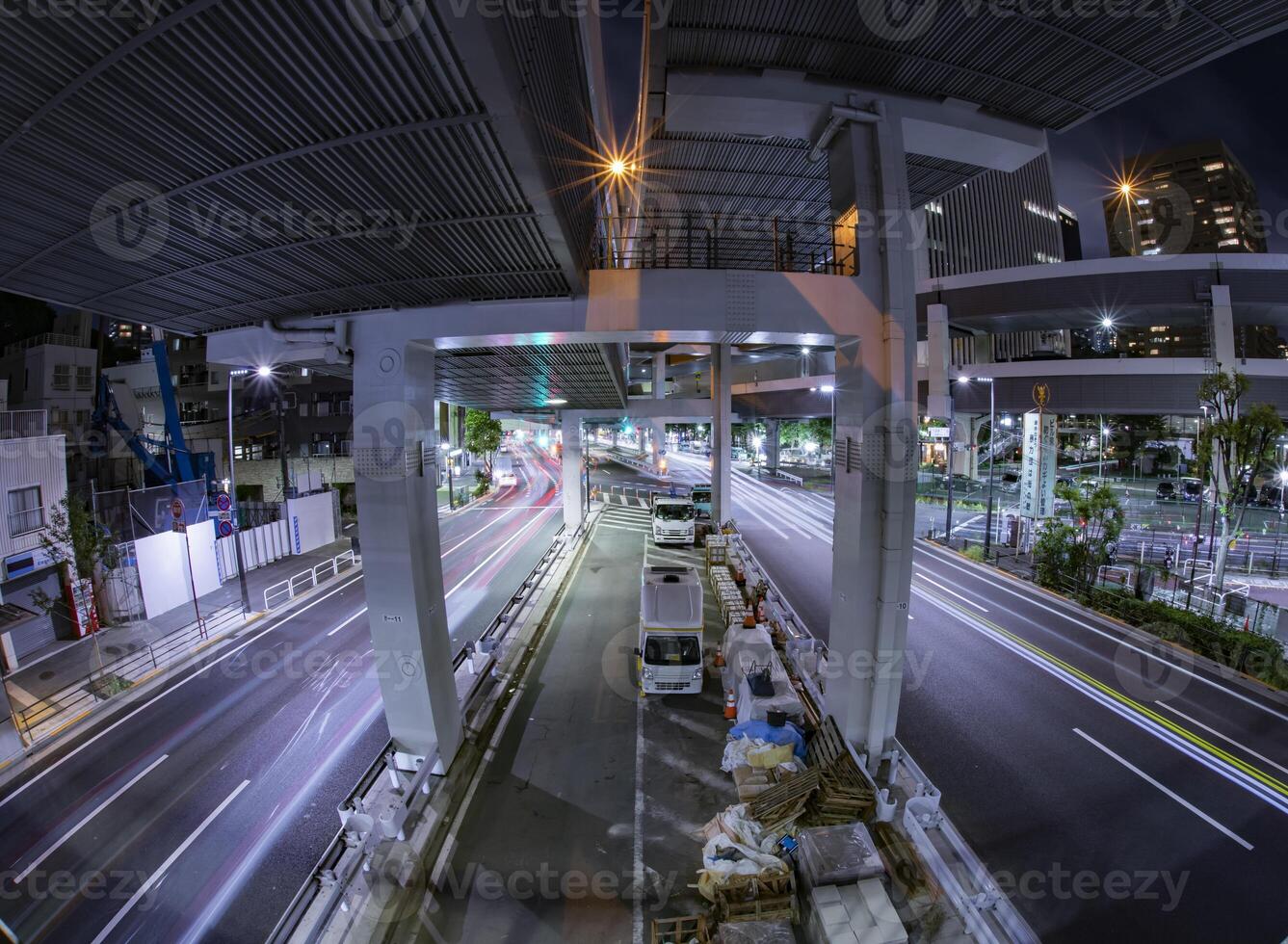 A night traffic jam at the urban street in Tokyo fish eye shot photo