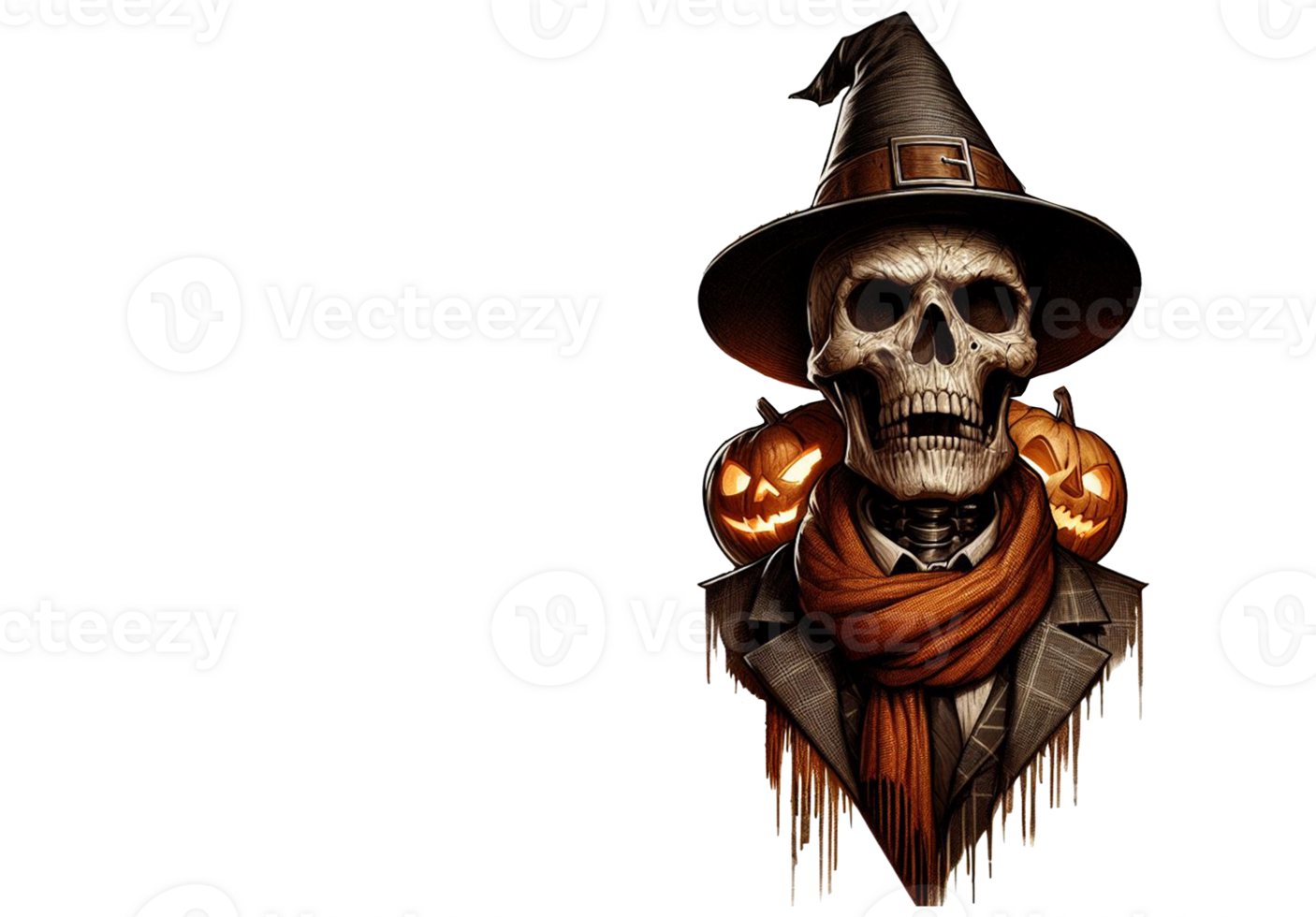 AI generated Elegant scary human skull ghost with a hat watercolor clipart Halloween concept on transparency background png