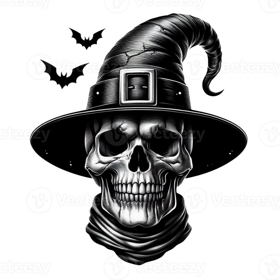 AI generated Elegant scary human skull ghost with a hat watercolor clipart Halloween concept on transparency background png