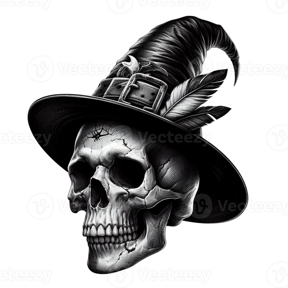 AI generated Elegant scary human skull ghost with a hat watercolor clipart Halloween concept on transparency background png