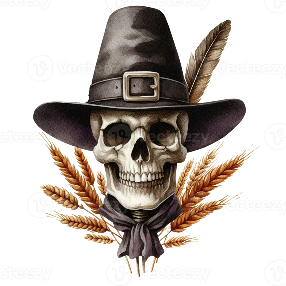 AI generated Elegant scary human skull ghost with a hat watercolor clipart Halloween concept on transparency background png