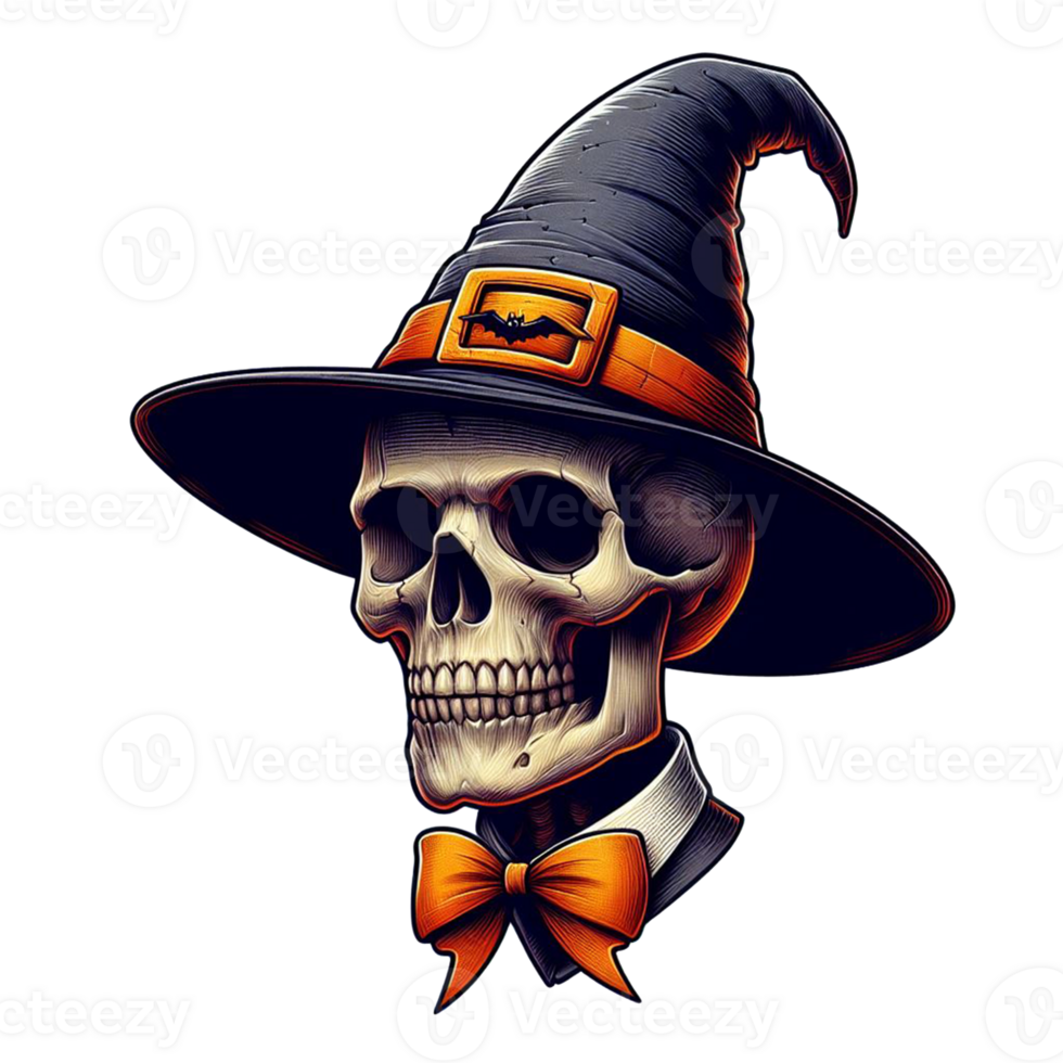 AI generated Elegant scary human skull ghost with a hat watercolor clipart Halloween concept on transparency background png