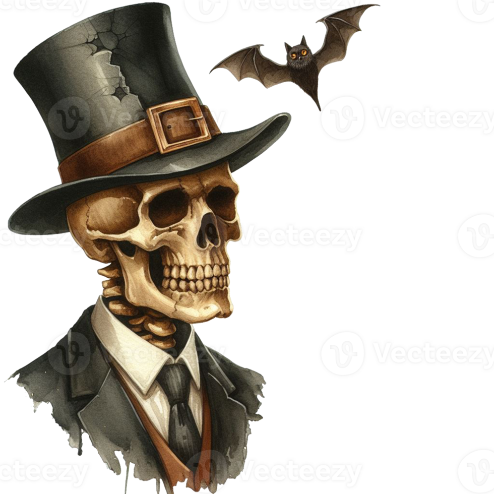 AI generated Elegant scary human skull ghost with a hat watercolor clipart Halloween concept on transparency background png
