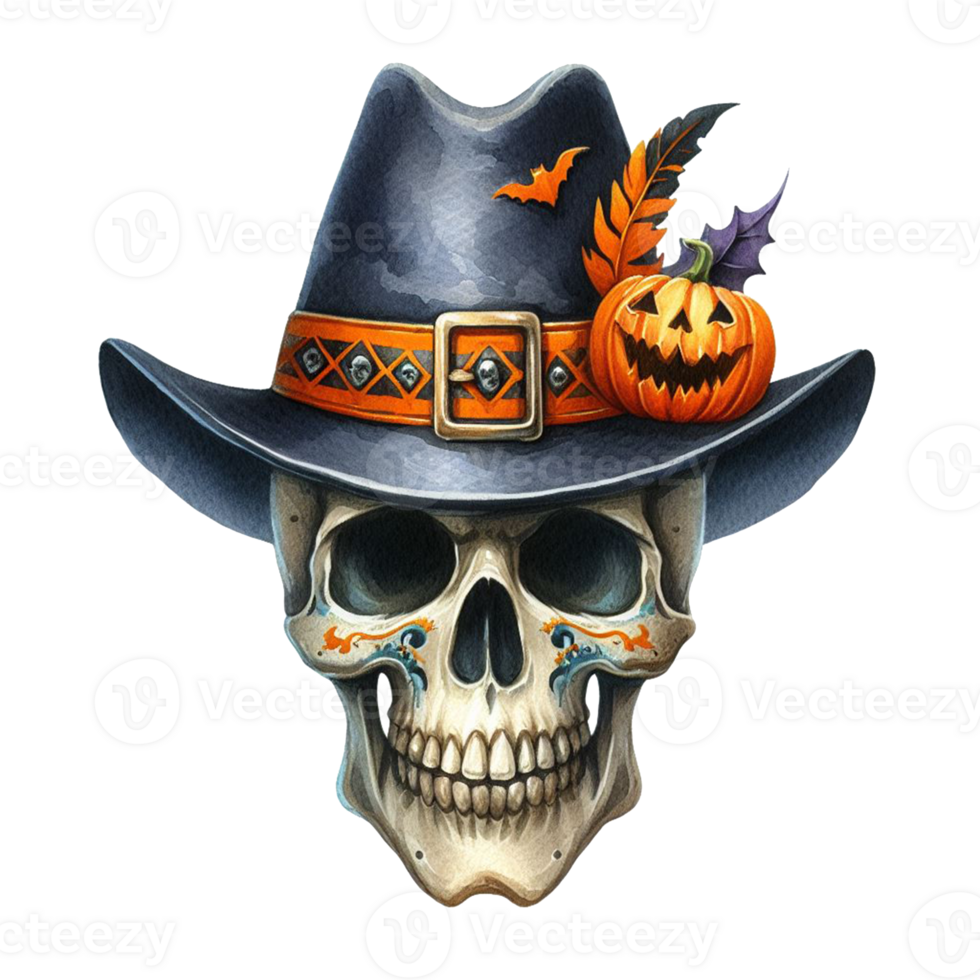 AI generated Elegant scary human skull ghost with a hat watercolor clipart Halloween concept on transparency background png