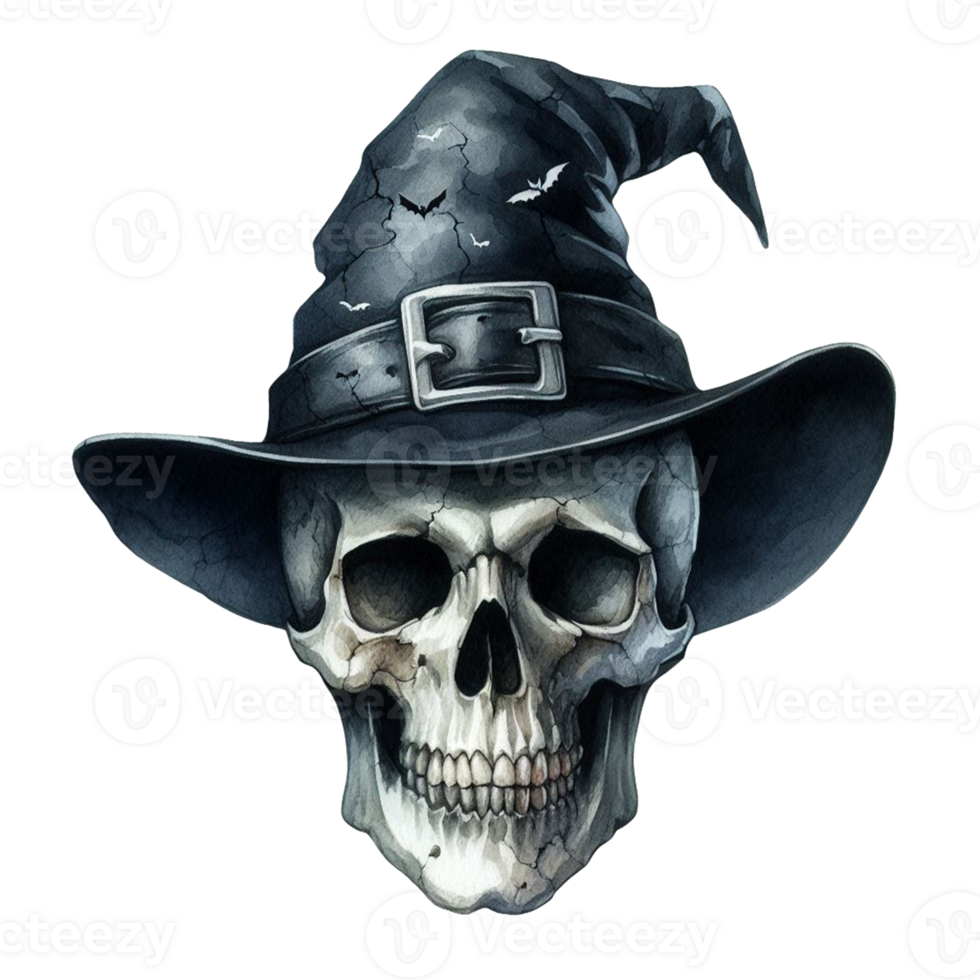 AI generated Elegant scary human skull ghost with a hat watercolor clipart Halloween concept on transparency background png