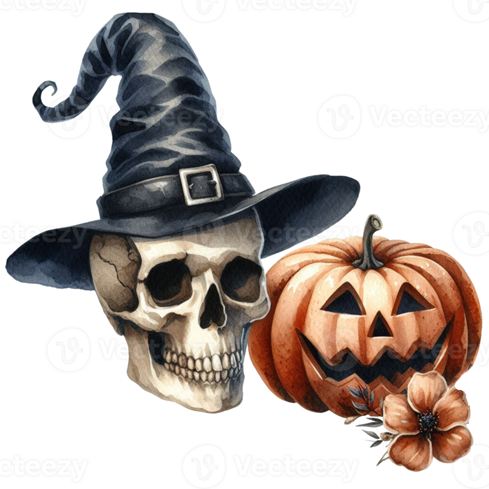 AI generated Elegant scary human skull ghost with a hat watercolor clipart Halloween concept on transparency background png