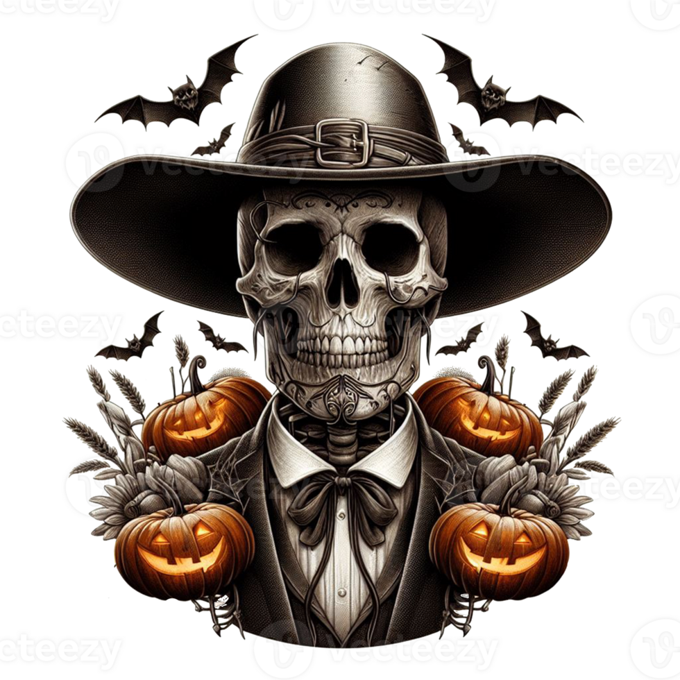AI generated Elegant scary human skull ghost with a hat watercolor clipart Halloween concept on transparency background png