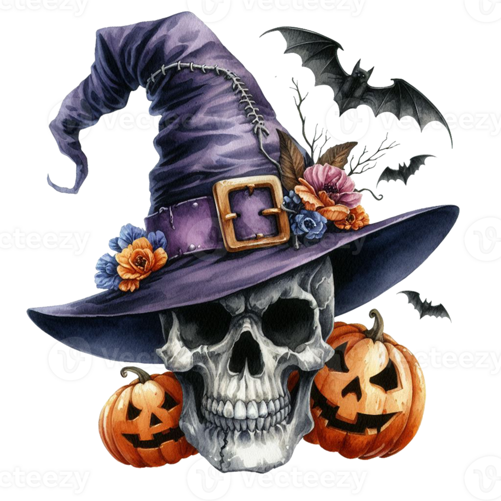 AI generated Elegant scary human skull ghost with a hat watercolor clipart Halloween concept on transparency background png