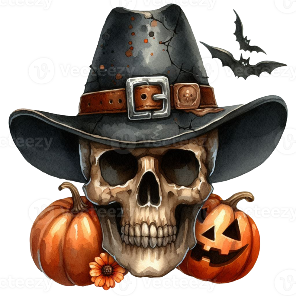 AI generated Elegant scary human skull ghost with a hat watercolor clipart Halloween concept on transparency background png
