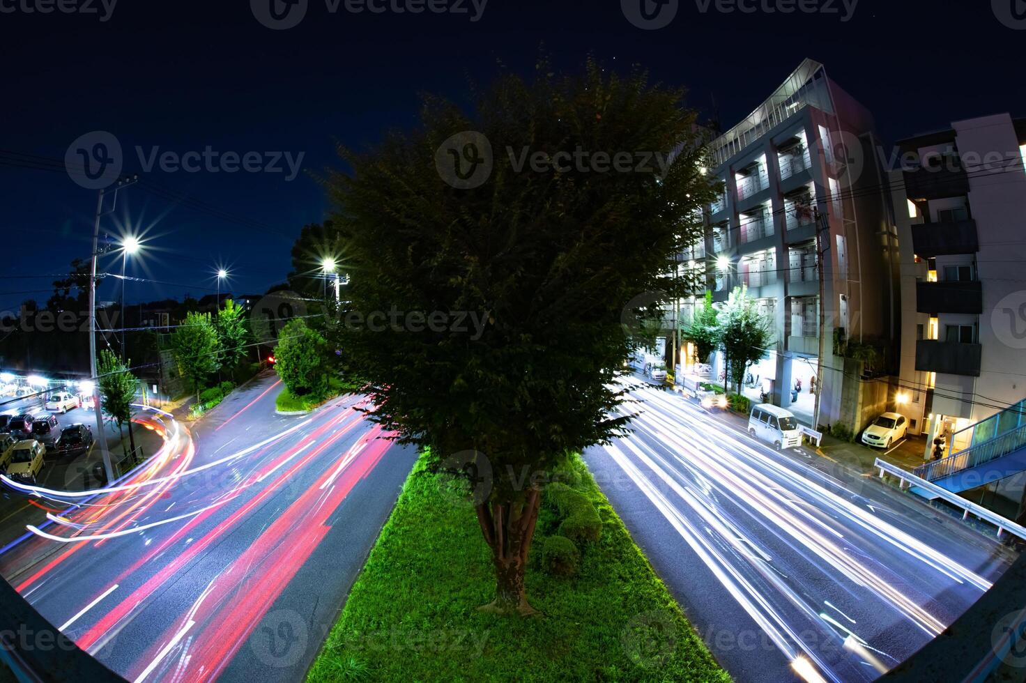 A night traffic jam at the downtown street in Tokyo fish eye shot photo