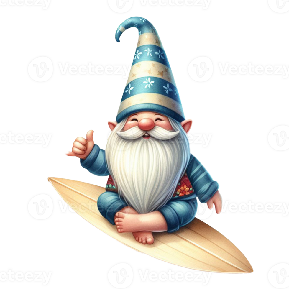 AI generated Watercolor cute gnome surfboard spring summer clipart at beach on transparency background png