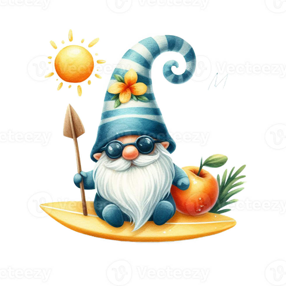 AI generated Watercolor cute gnome surfboard spring summer clipart at beach on transparency background png