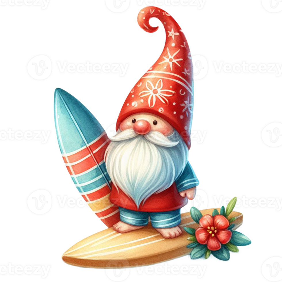 AI generated Watercolor cute gnome surfboard spring summer clipart at beach on transparency background png