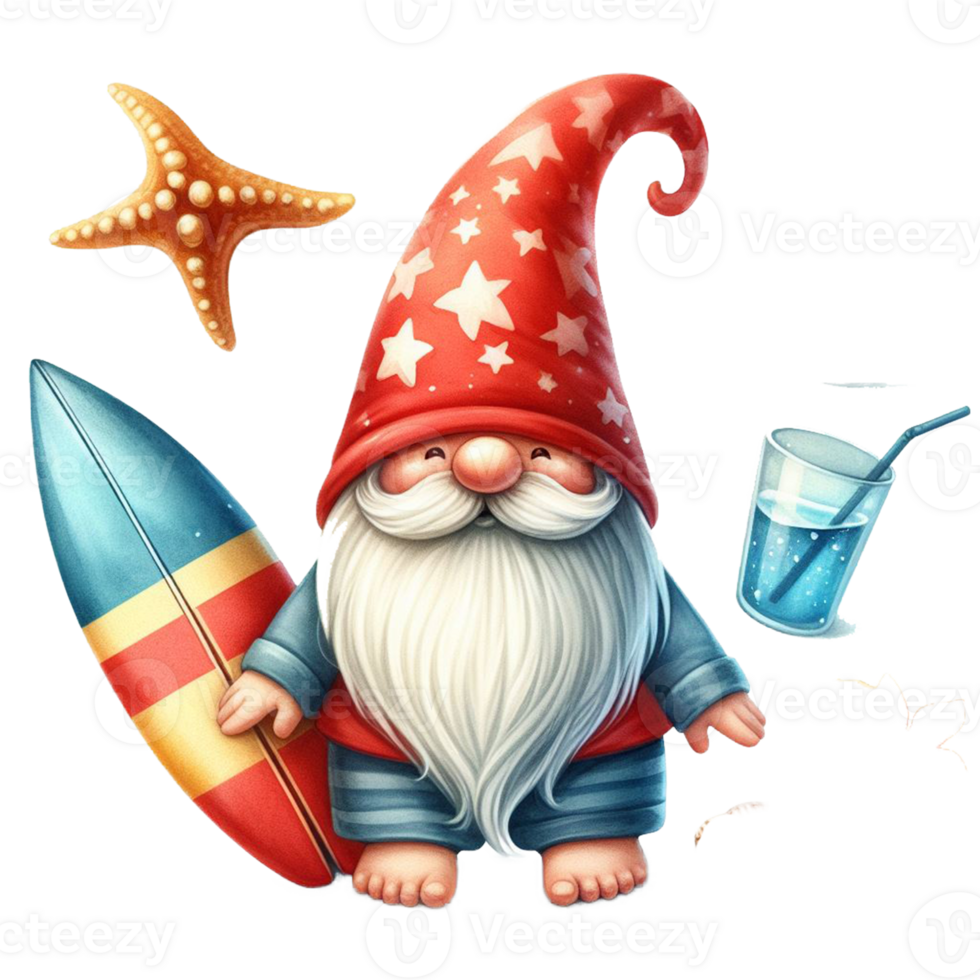 AI generated Watercolor cute gnome surfboard spring summer clipart at beach on transparency background png