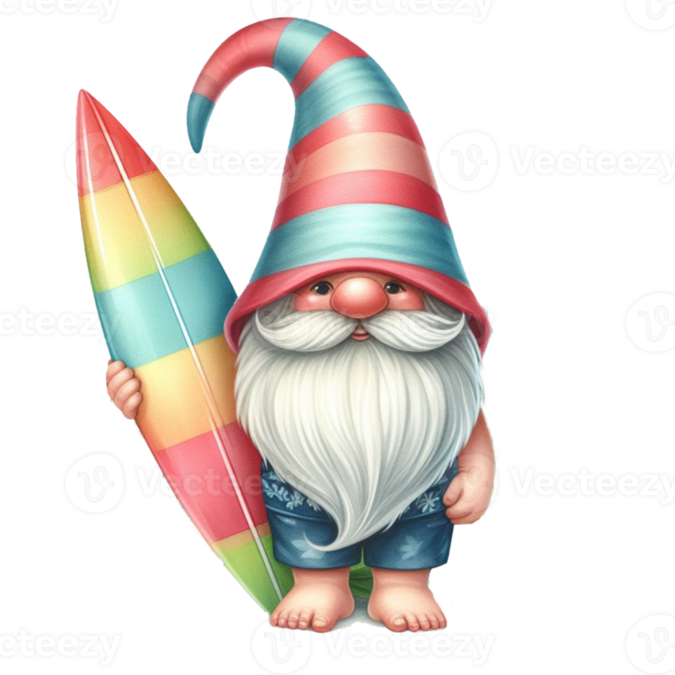 AI generated Watercolor cute gnome surfboard spring summer clipart at beach on transparency background png