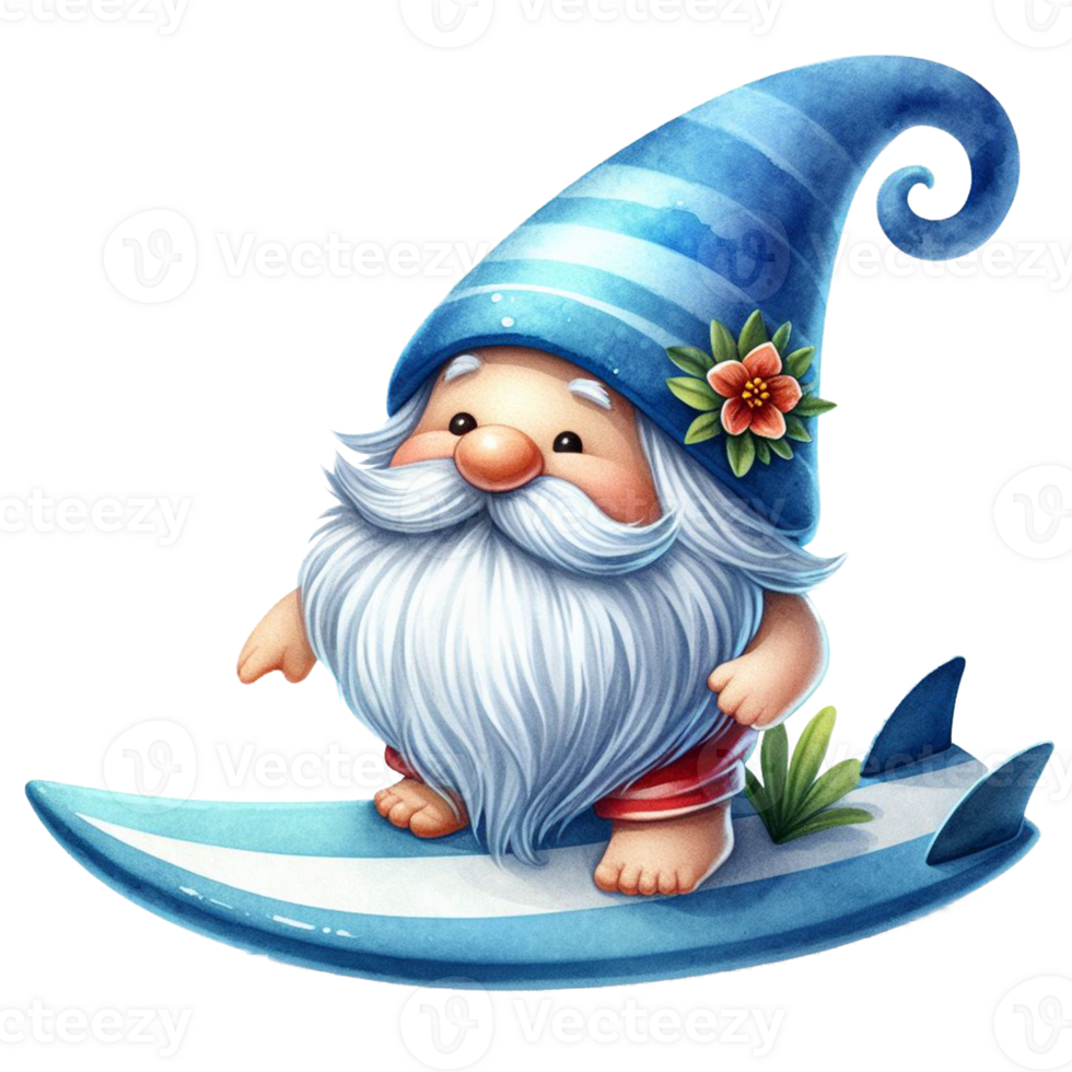 AI generated Watercolor cute gnome surfboard spring summer clipart at beach on transparency background png