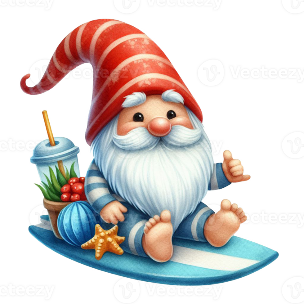 AI generated Watercolor cute gnome surfboard spring summer clipart at beach on transparency background png