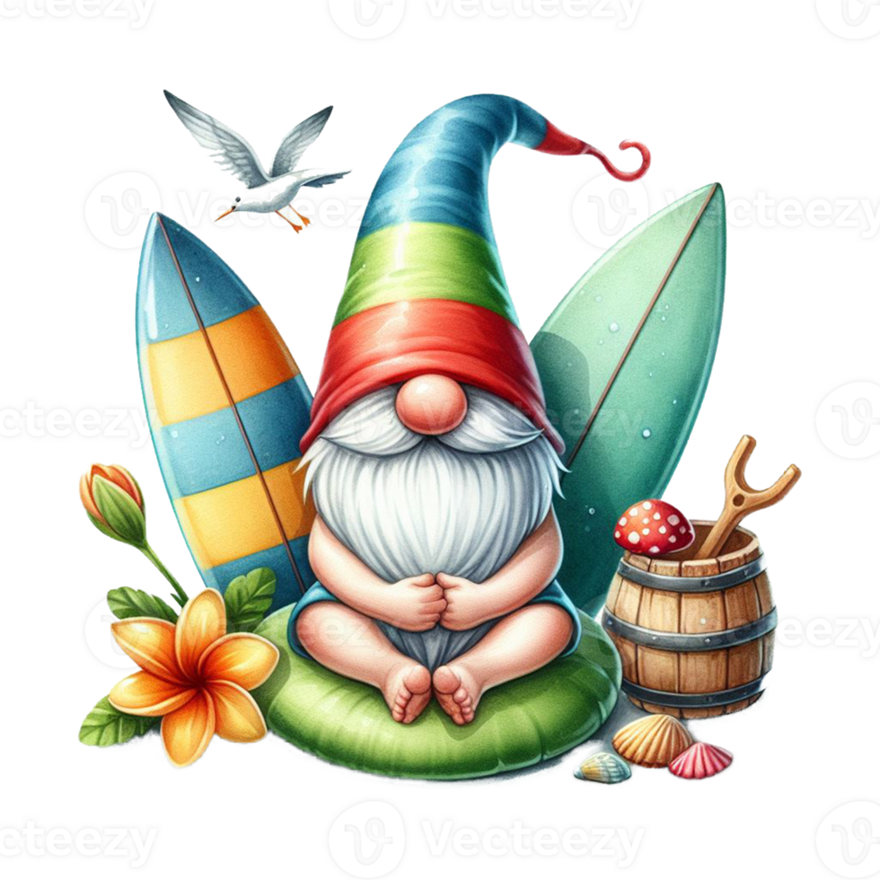 AI generated Watercolor cute gnome surfboard spring summer clipart at beach on transparency background png