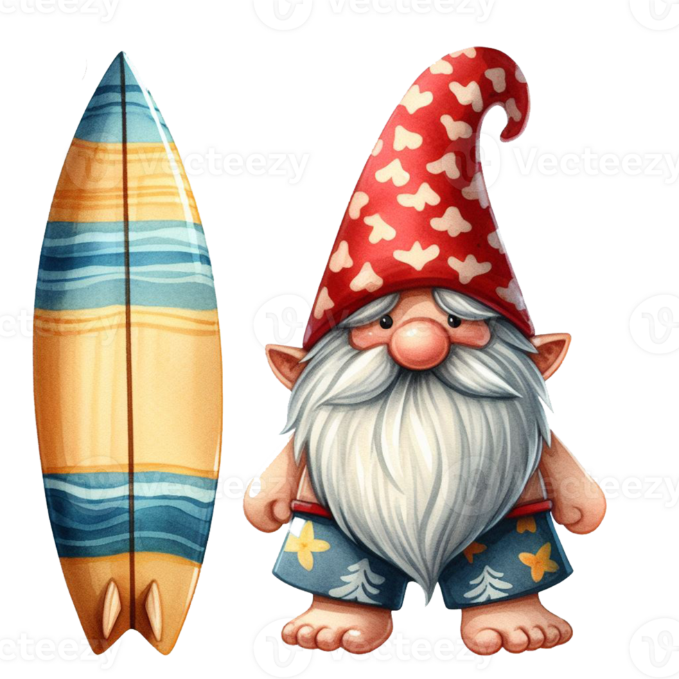 AI generated Watercolor cute gnome surfboard spring summer clipart at beach on transparency background png