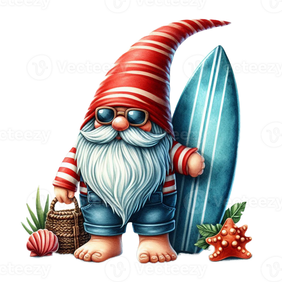 AI generated Watercolor cute gnome surfboard spring summer clipart at beach on transparency background png