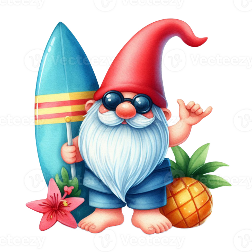 AI generated Watercolor cute gnome surfboard spring summer clipart at beach on transparency background png