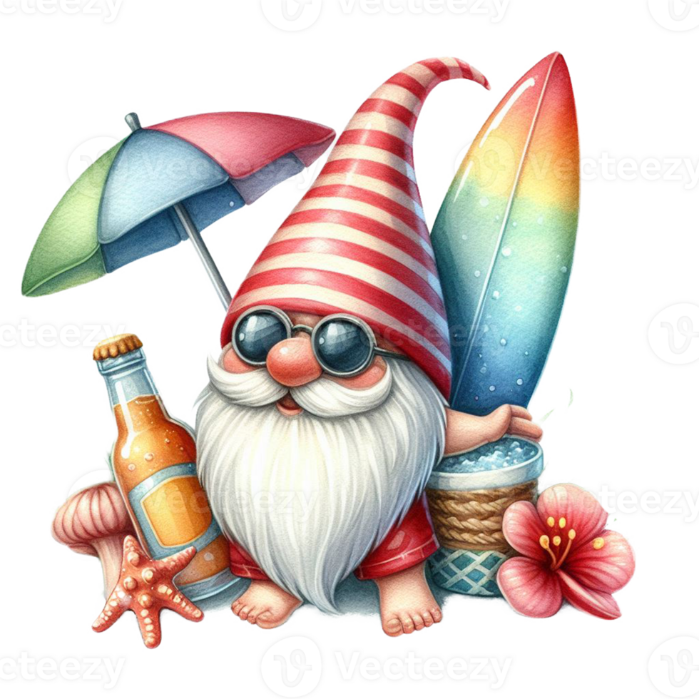 AI generated Watercolor cute gnome surfboard spring summer clipart at beach on transparency background png