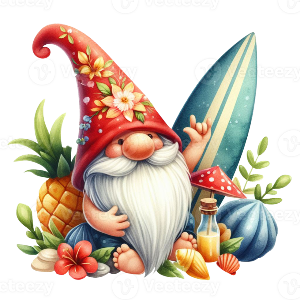 AI generated Watercolor cute gnome surfboard spring summer clipart at beach on transparency background png