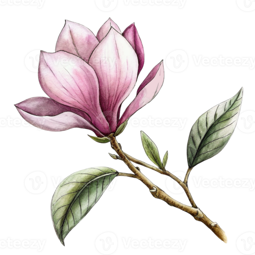 AI generated A pink magnolia flower is the central focus, with its petals gently overlapped and the interior gradient softly blending from white to a deeper pink png