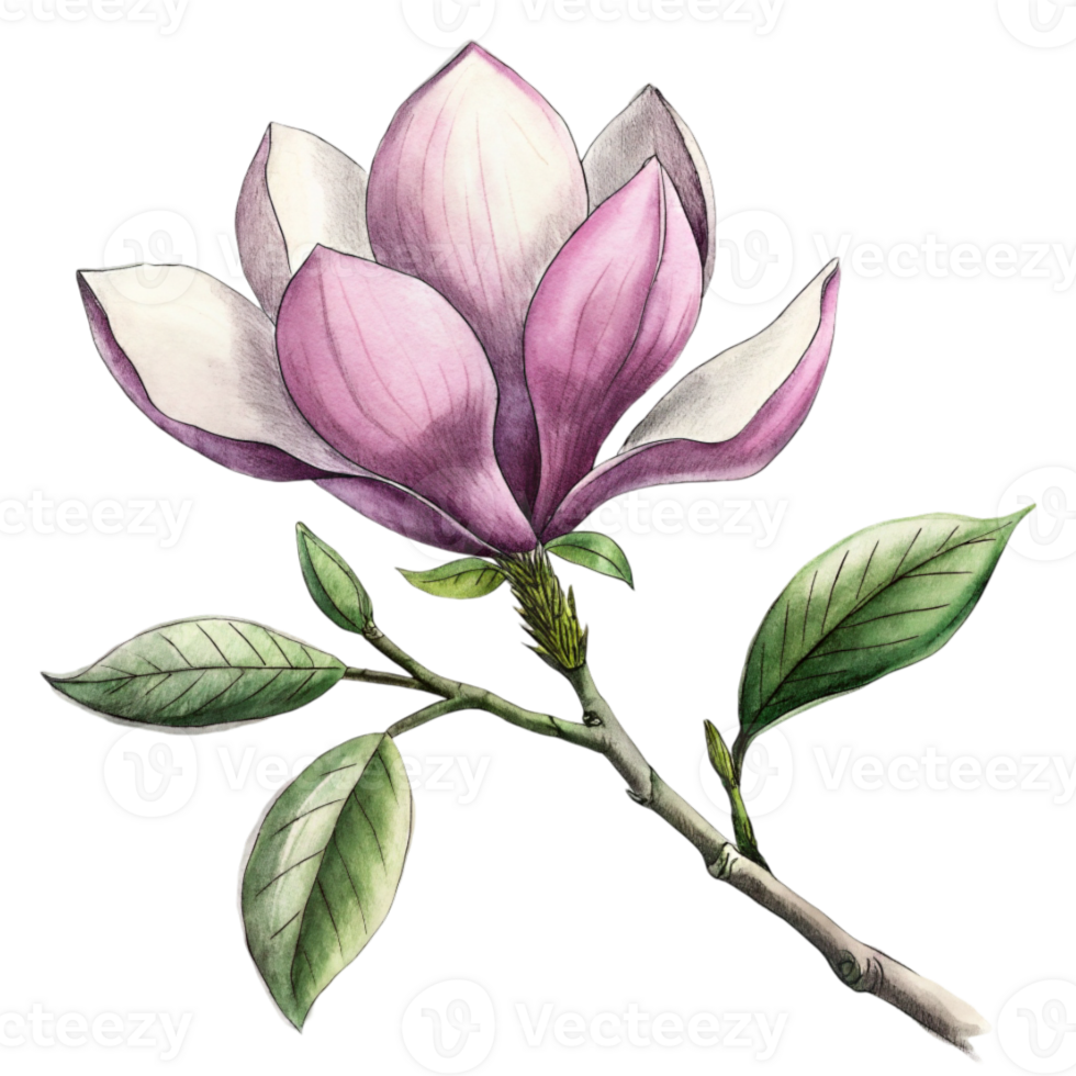 AI generated A pink magnolia flower is the central focus, with its petals gently overlapped and the interior gradient softly blending from white to a deeper pink png