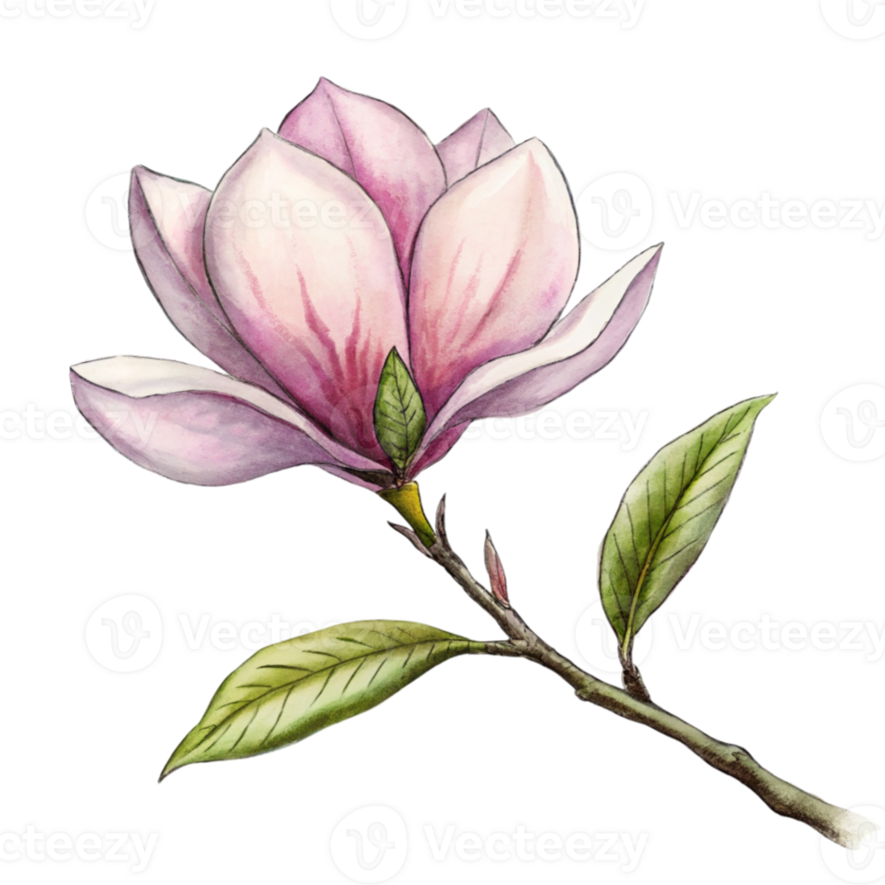AI generated A pink magnolia flower is the central focus, with its petals gently overlapped and the interior gradient softly blending from white to a deeper pink png
