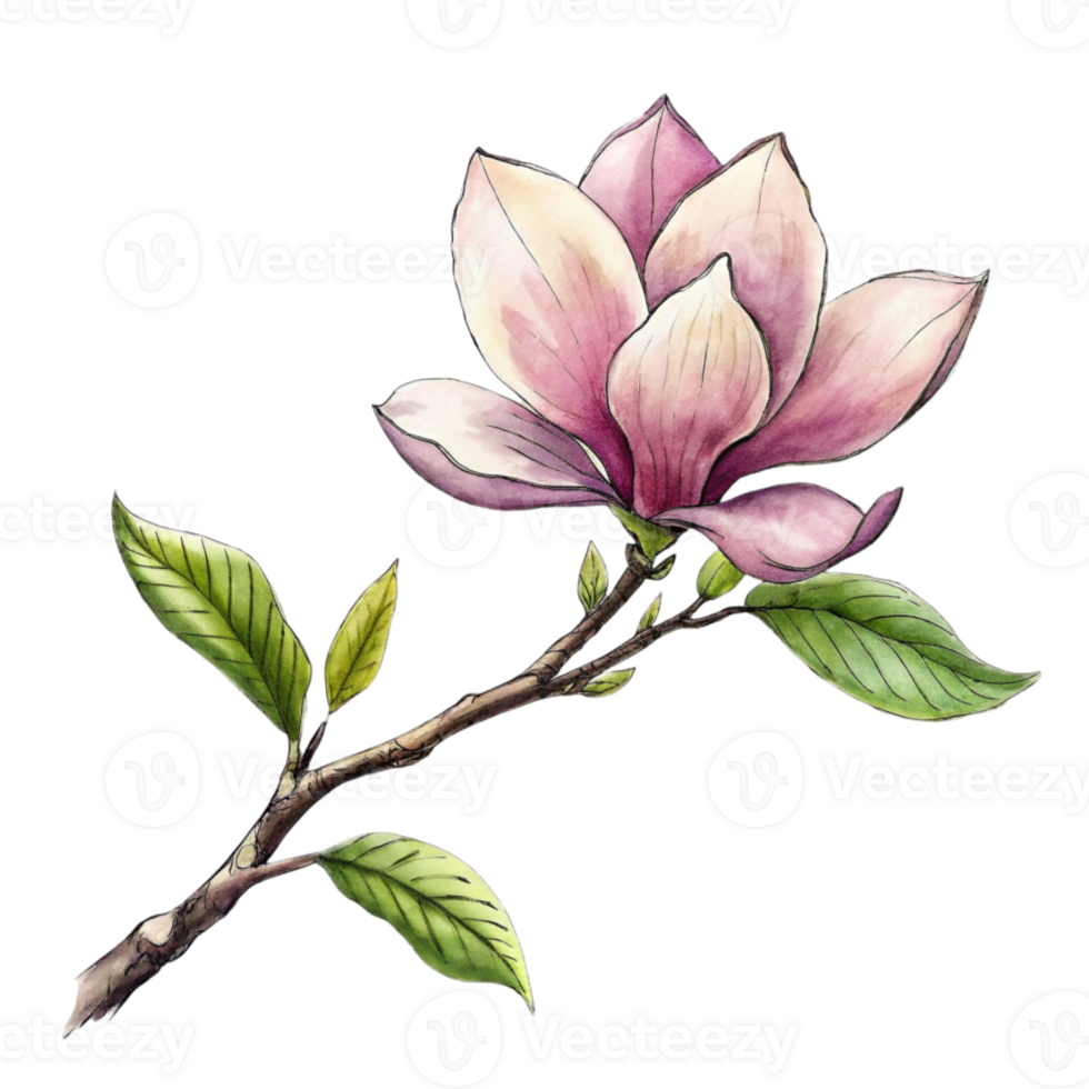 AI generated A pink magnolia flower is the central focus, with its petals gently overlapped and the interior gradient softly blending from white to a deeper pink png